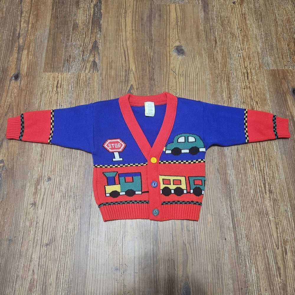 Vintage 90s Baby Knit Blue Red Cardigan Train Car Button Down Sweater 12 Months